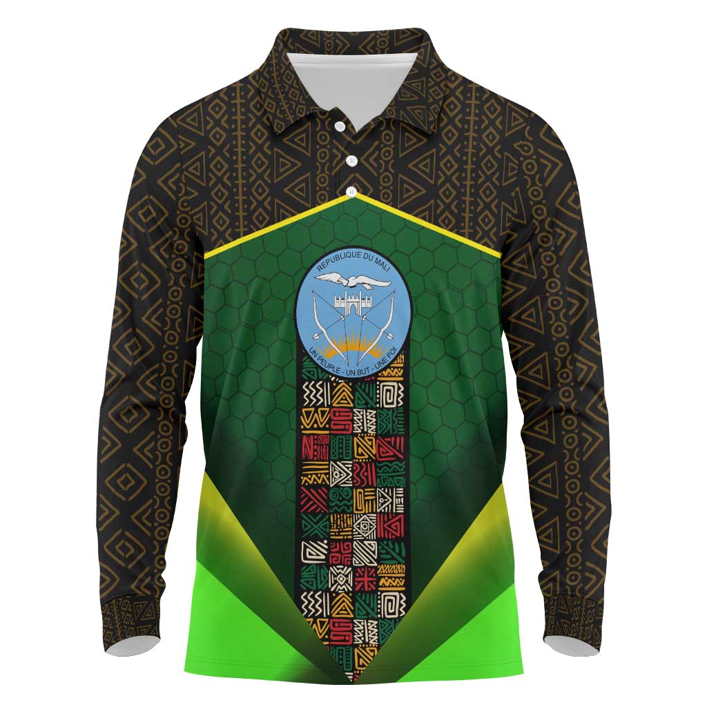 Mali Map Long Sleeve Polo Shirt National Emblem & Cultural Pattern Design