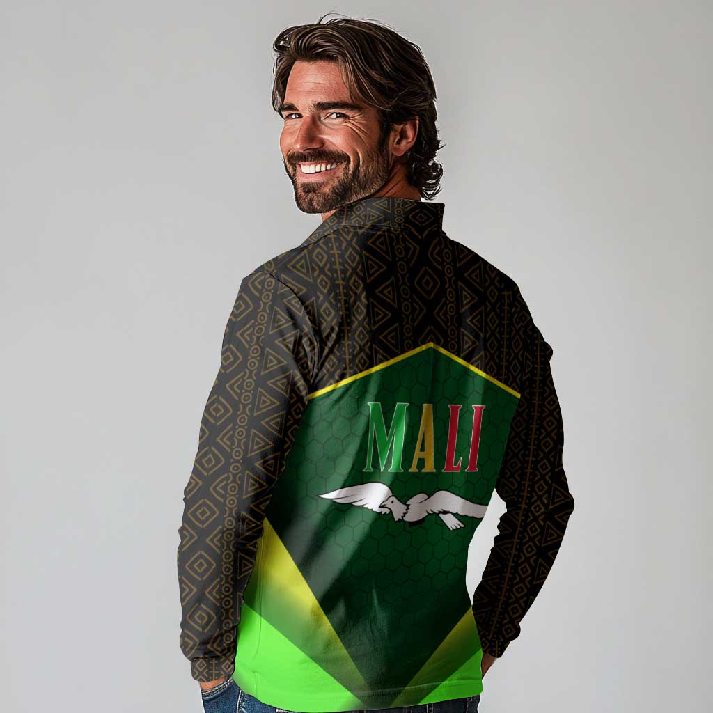 Mali Map Long Sleeve Polo Shirt National Emblem & Cultural Pattern Design