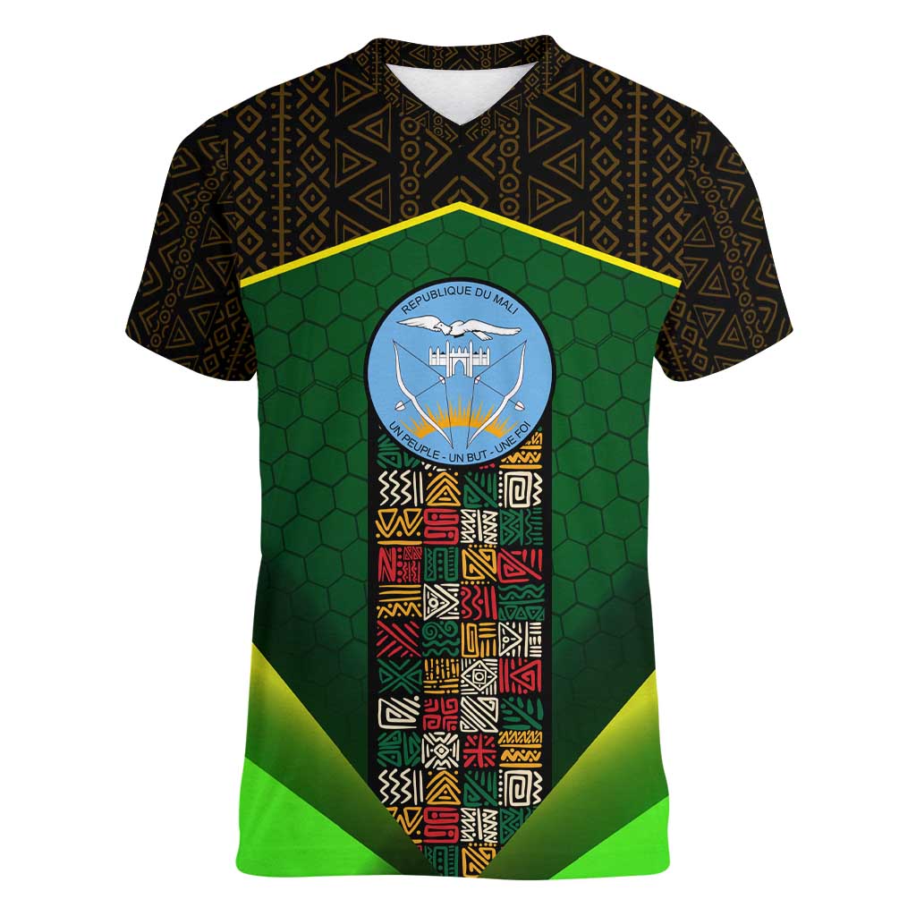 Mali Map Women V-Neck T-Shirt National Emblem & Cultural Pattern Design