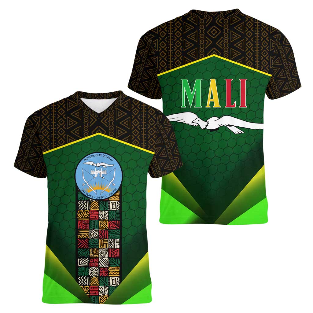 Mali Map Women V-Neck T-Shirt National Emblem & Cultural Pattern Design