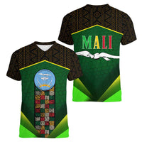 Mali Map Women V-Neck T-Shirt National Emblem & Cultural Pattern Design