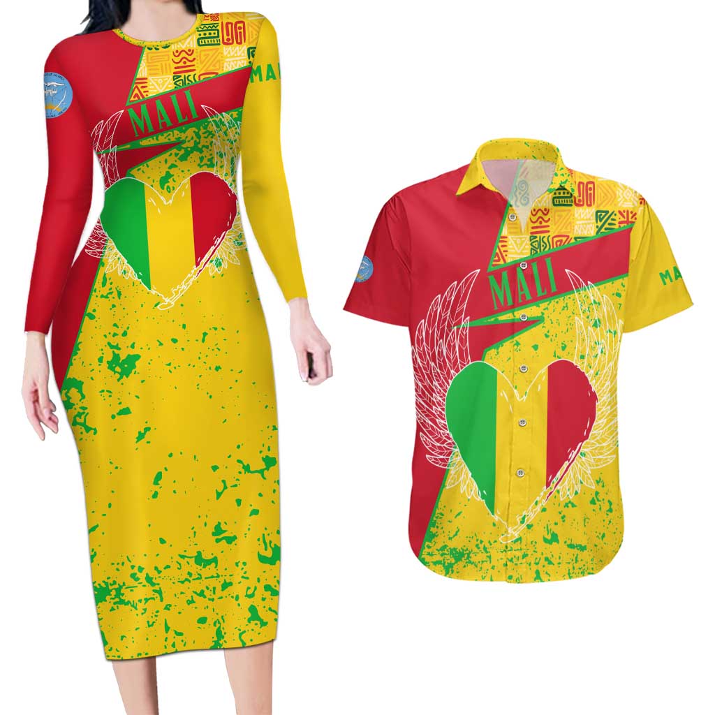 Mali Map Couples Matching Long Sleeve Bodycon Dress and Hawaiian Shirt Heart-Inspired Design with National Flag Colors