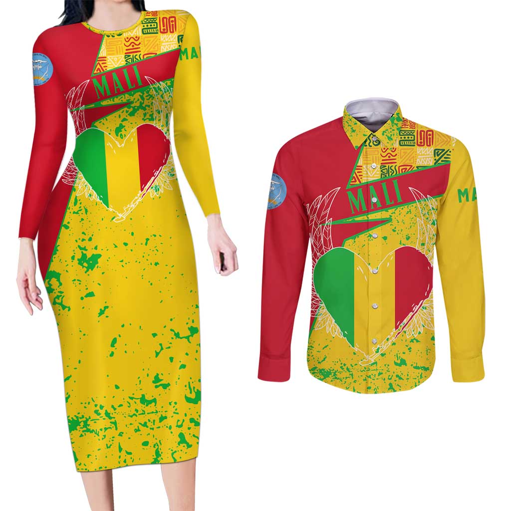 Mali Map Couples Matching Long Sleeve Bodycon Dress and Long Sleeve Button Shirt Heart-Inspired Design with National Flag Colors