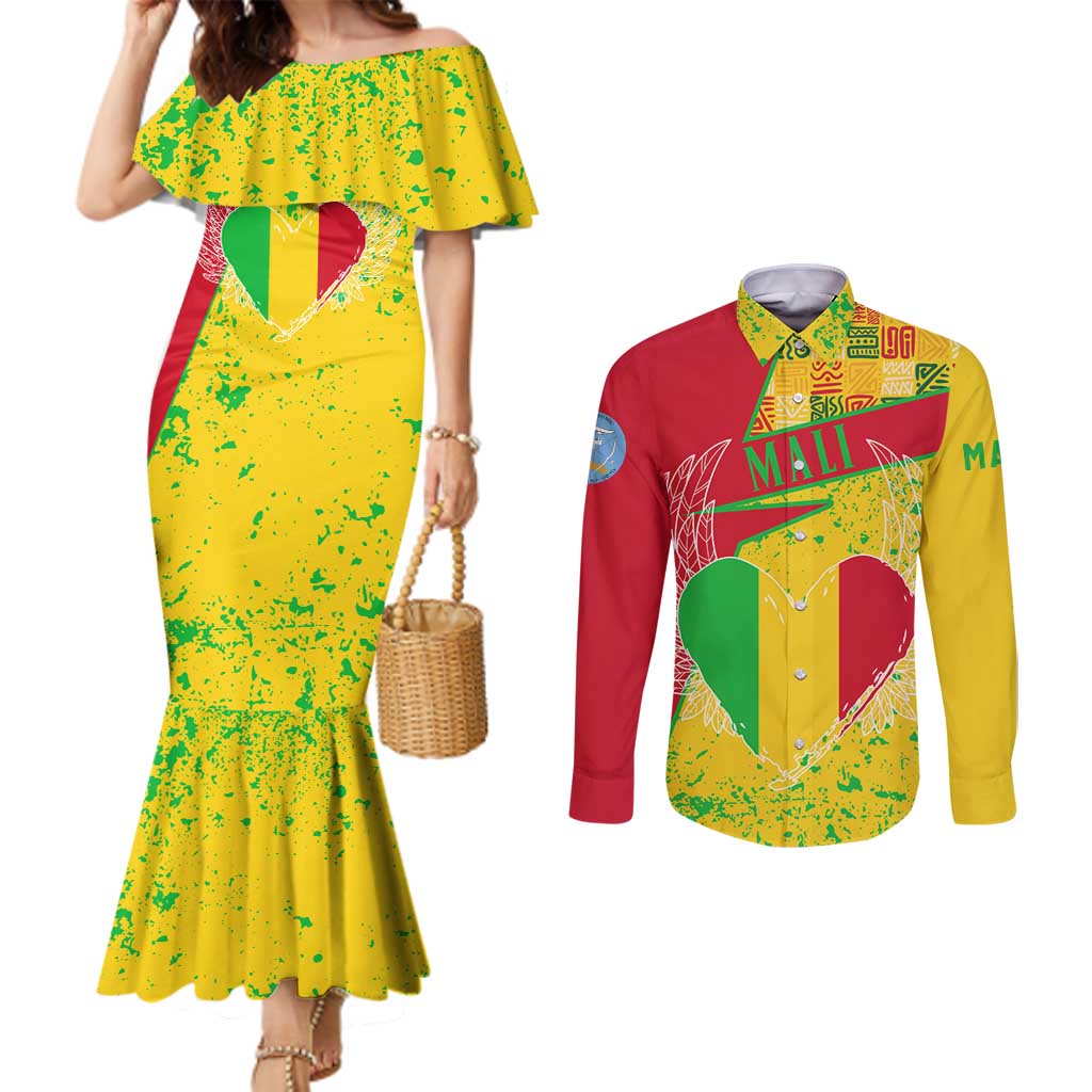 Mali Map Couples Matching Mermaid Dress and Long Sleeve Button Shirt Heart-Inspired Design with National Flag Colors