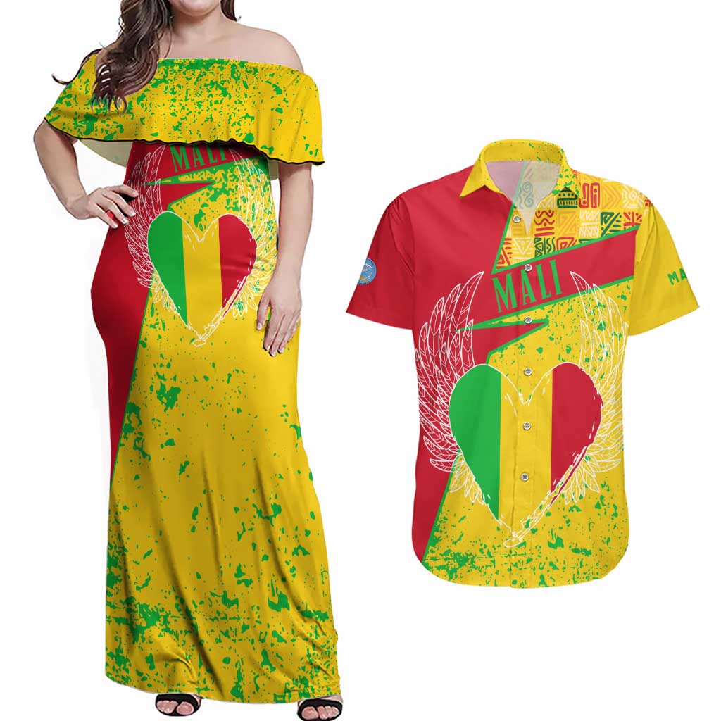 Mali Map Couples Matching Off Shoulder Maxi Dress and Hawaiian Shirt Heart-Inspired Design with National Flag Colors