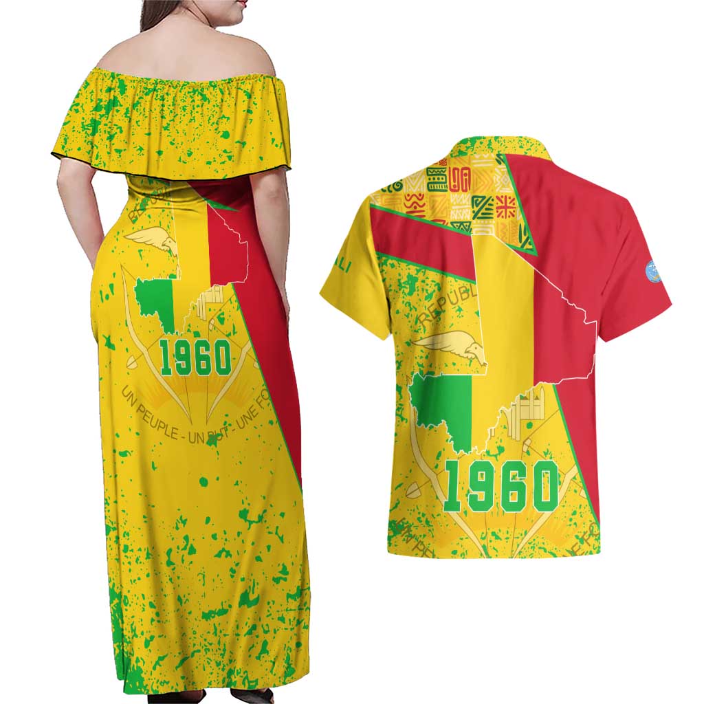 Mali Map Couples Matching Off Shoulder Maxi Dress and Hawaiian Shirt Heart-Inspired Design with National Flag Colors