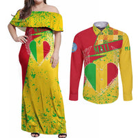 Mali Map Couples Matching Off Shoulder Maxi Dress and Long Sleeve Button Shirt Heart-Inspired Design with National Flag Colors