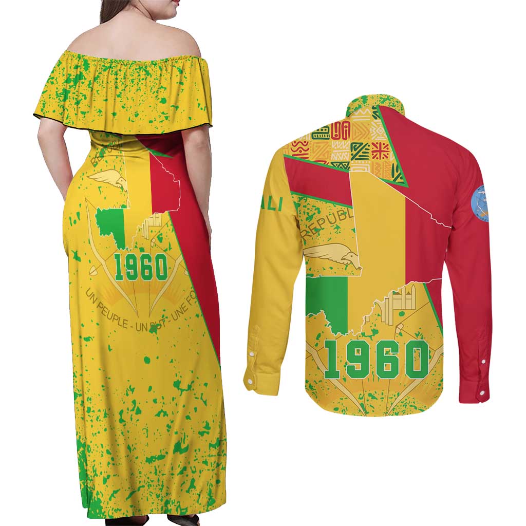 Mali Map Couples Matching Off Shoulder Maxi Dress and Long Sleeve Button Shirt Heart-Inspired Design with National Flag Colors