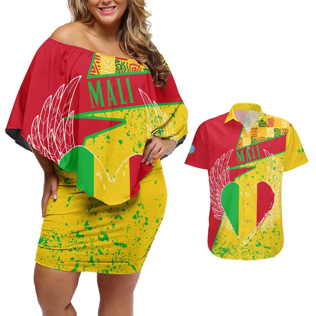 Mali Map Couples Matching Off Shoulder Short Dress and Hawaiian Shirt Heart-Inspired Design with National Flag Colors