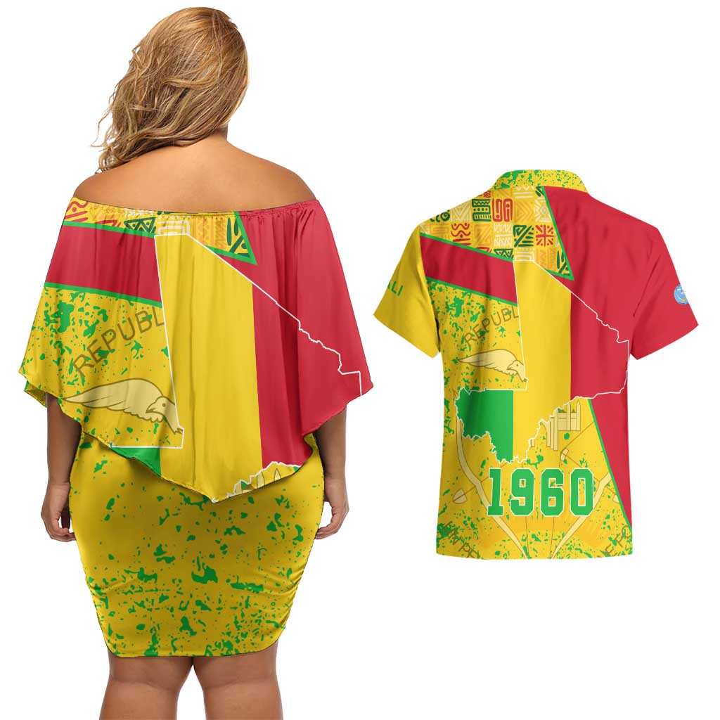 Mali Map Couples Matching Off Shoulder Short Dress and Hawaiian Shirt Heart-Inspired Design with National Flag Colors