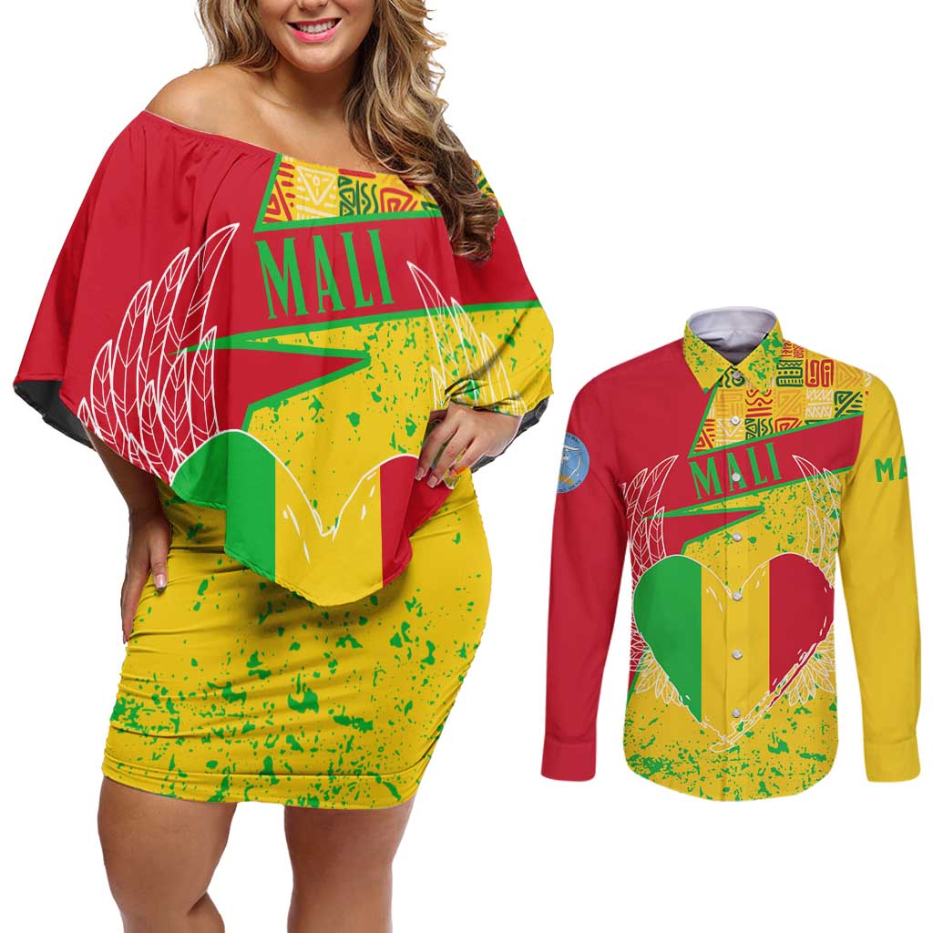 Mali Map Couples Matching Off Shoulder Short Dress and Long Sleeve Button Shirt Heart-Inspired Design with National Flag Colors