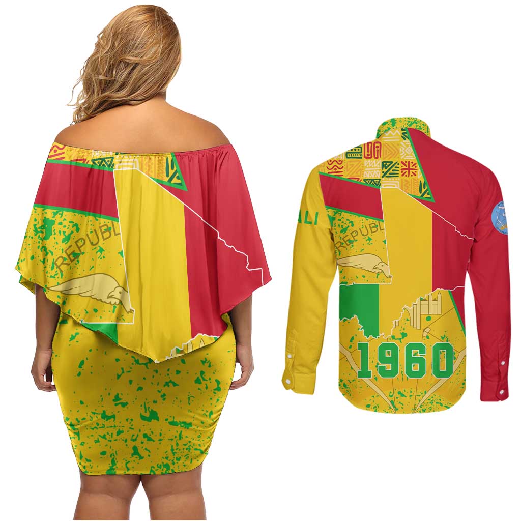 Mali Map Couples Matching Off Shoulder Short Dress and Long Sleeve Button Shirt Heart-Inspired Design with National Flag Colors