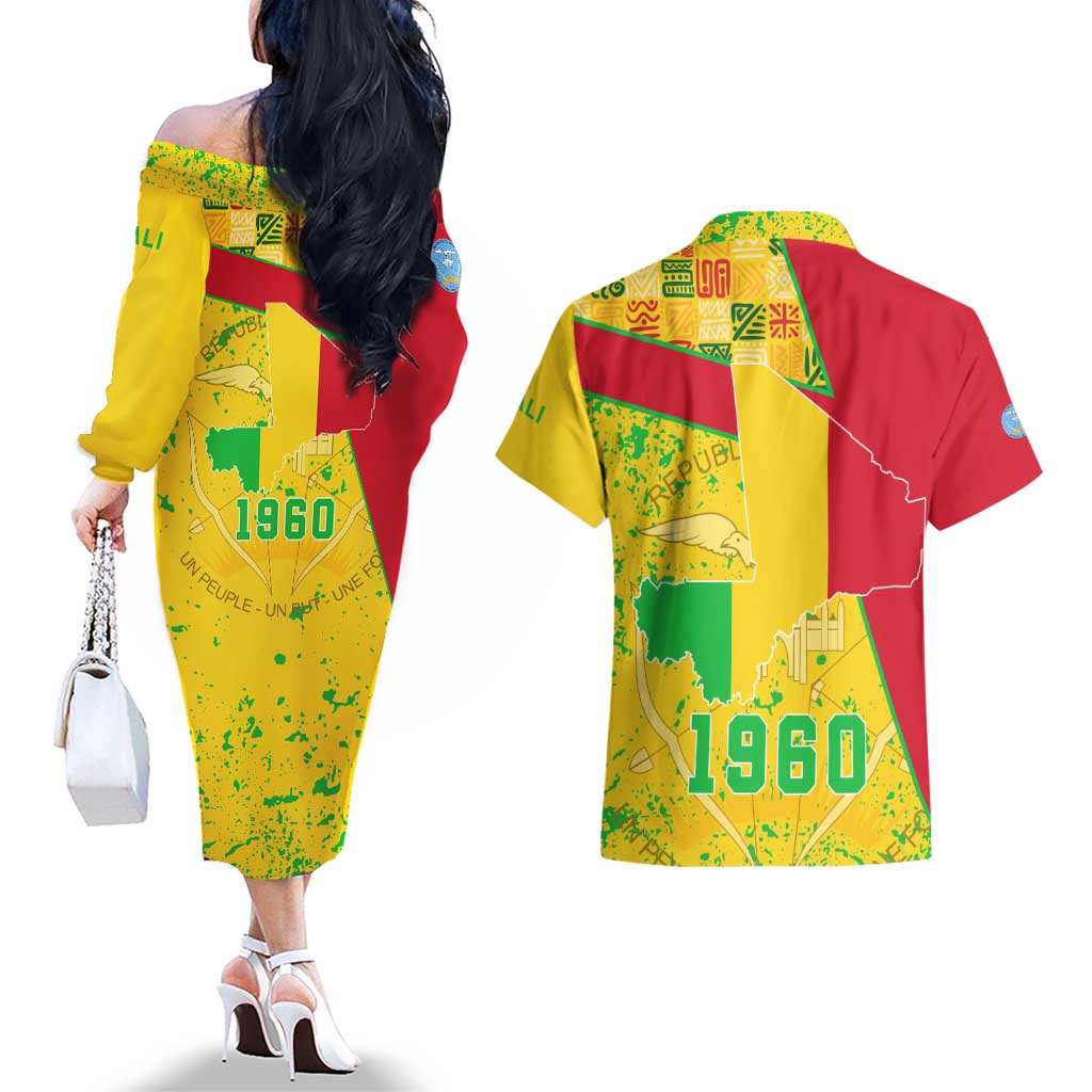 Mali Map Couples Matching Off The Shoulder Long Sleeve Dress and Hawaiian Shirt Heart-Inspired Design with National Flag Colors