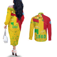 Mali Map Couples Matching Off The Shoulder Long Sleeve Dress and Long Sleeve Button Shirt Heart-Inspired Design with National Flag Colors