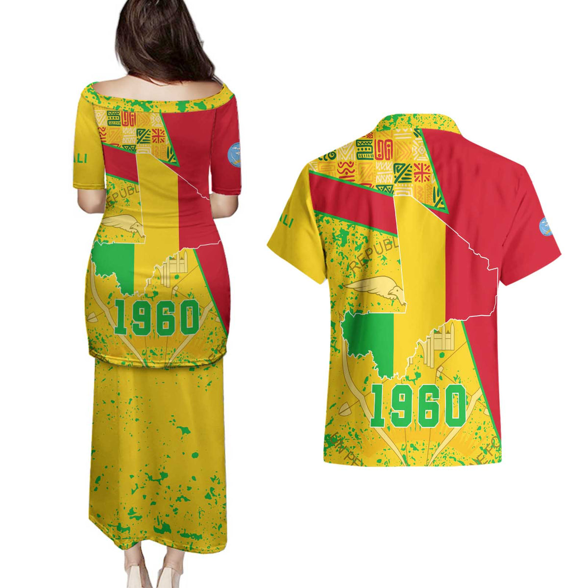 Mali Map Couples Matching Puletasi and Hawaiian Shirt Heart-Inspired Design with National Flag Colors