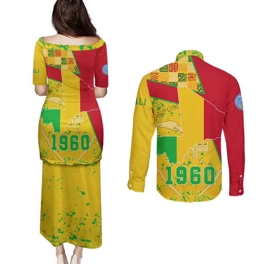 Mali Map Couples Matching Puletasi and Long Sleeve Button Shirt Heart-Inspired Design with National Flag Colors