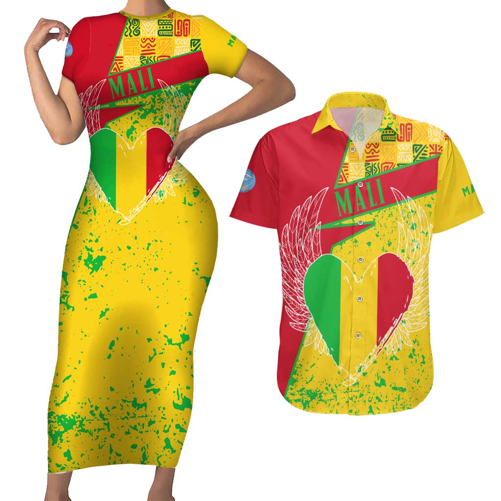 Mali Map Couples Matching Short Sleeve Bodycon Dress and Hawaiian Shirt Heart-Inspired Design with National Flag Colors