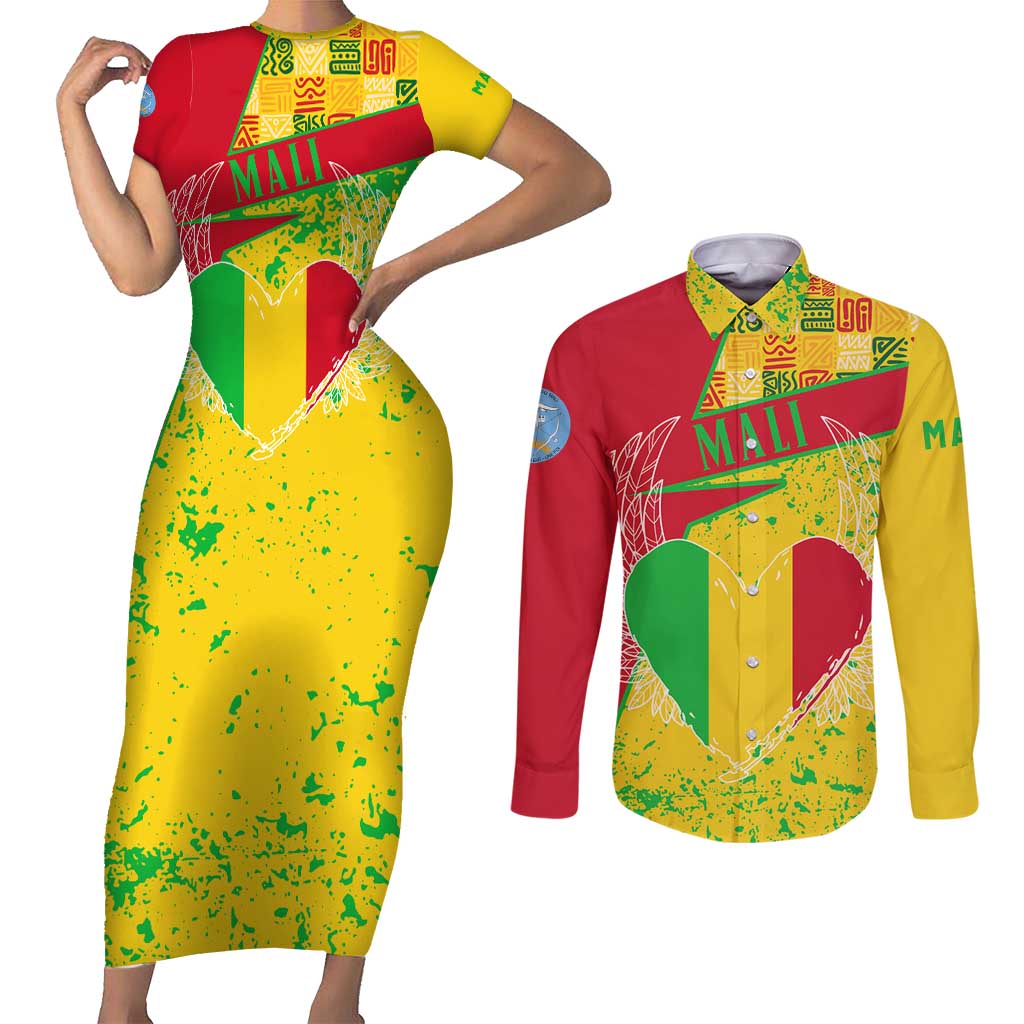 Mali Map Couples Matching Short Sleeve Bodycon Dress and Long Sleeve Button Shirt Heart-Inspired Design with National Flag Colors