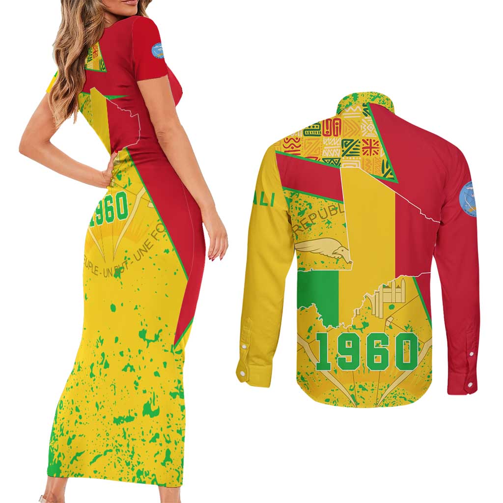 Mali Map Couples Matching Short Sleeve Bodycon Dress and Long Sleeve Button Shirt Heart-Inspired Design with National Flag Colors