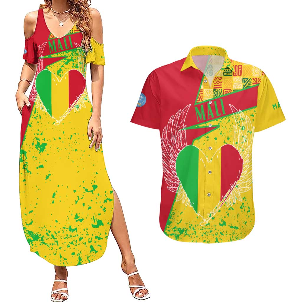 Mali Map Couples Matching Summer Maxi Dress and Hawaiian Shirt Heart-Inspired Design with National Flag Colors