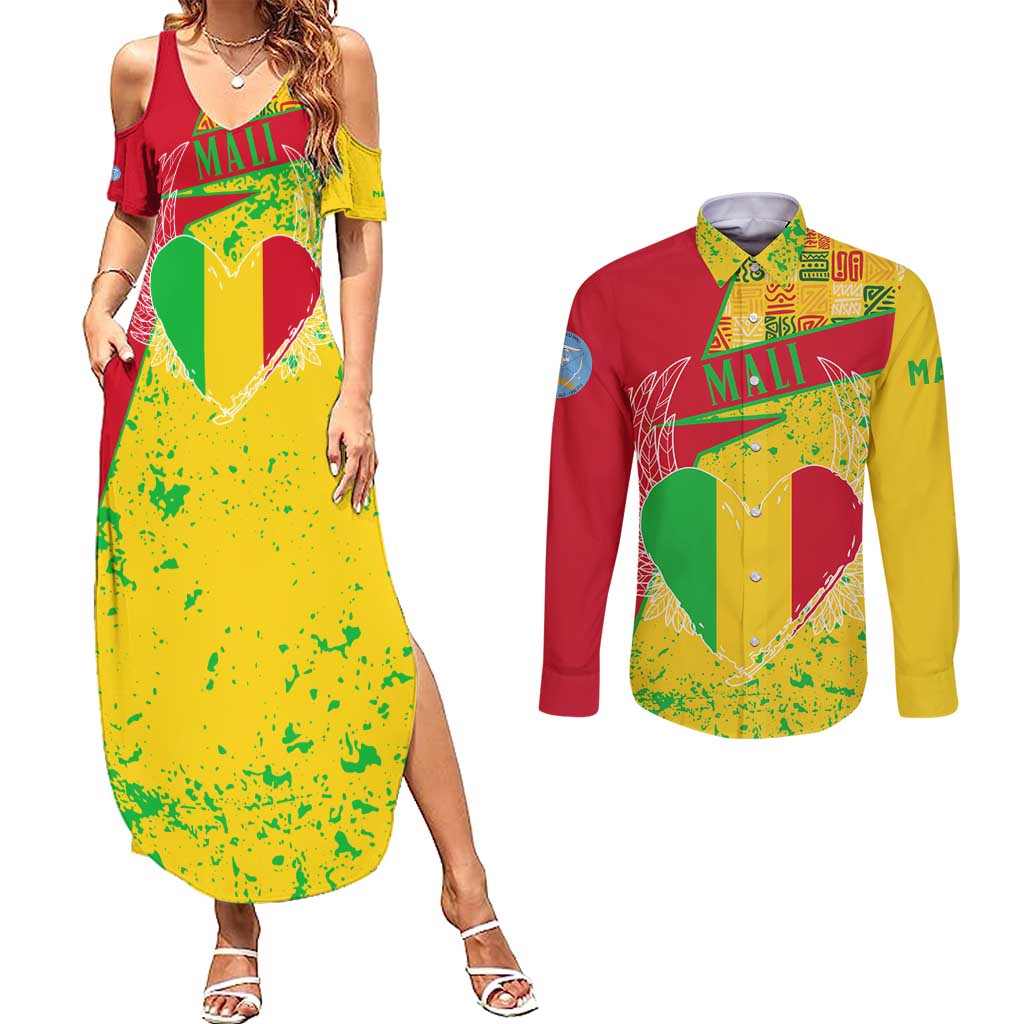 Mali Map Couples Matching Summer Maxi Dress and Long Sleeve Button Shirt Heart-Inspired Design with National Flag Colors