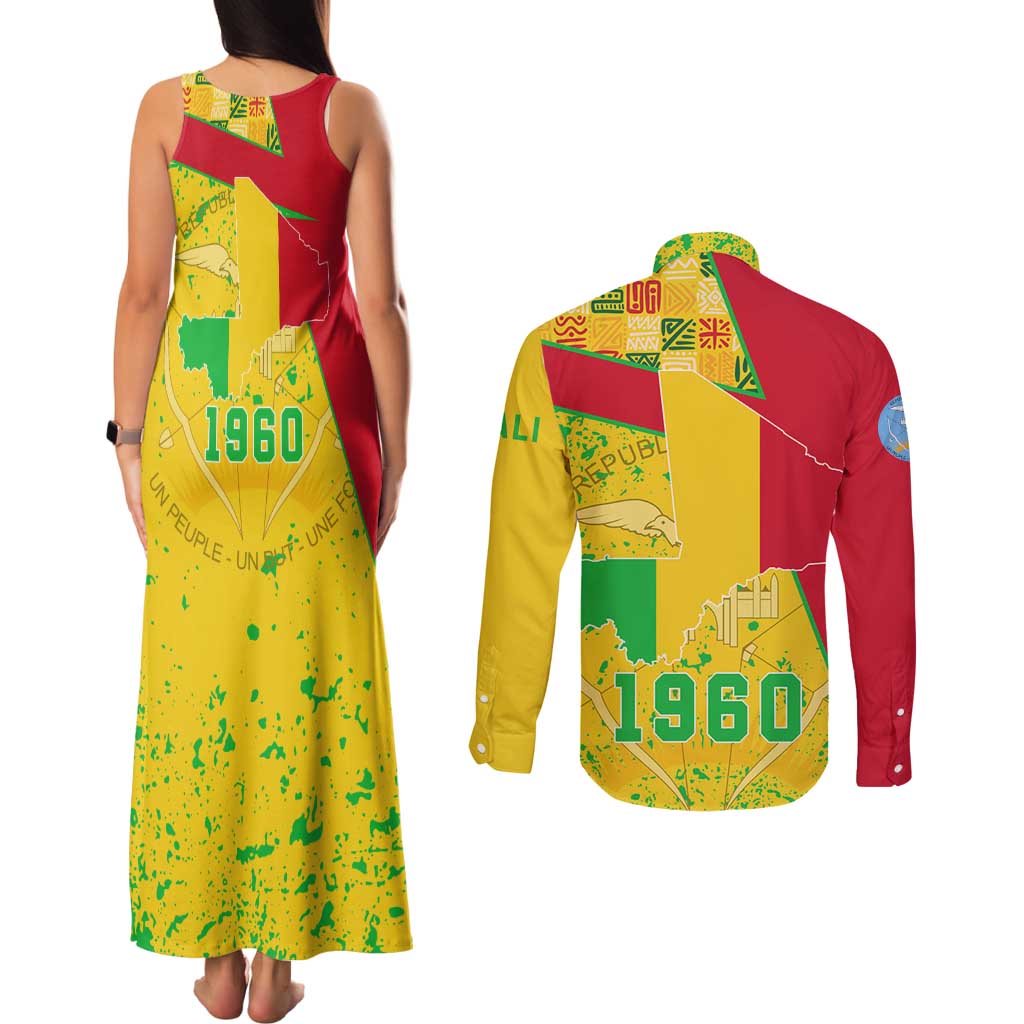 Mali Map Couples Matching Tank Maxi Dress and Long Sleeve Button Shirt Heart-Inspired Design with National Flag Colors