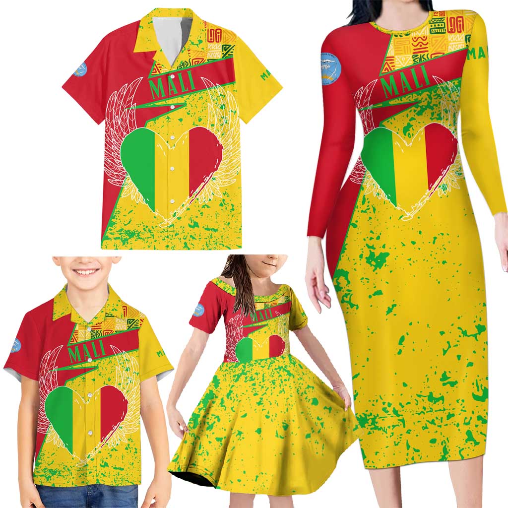 Mali Map Family Matching Long Sleeve Bodycon Dress and Hawaiian Shirt Heart-Inspired Design with National Flag Colors