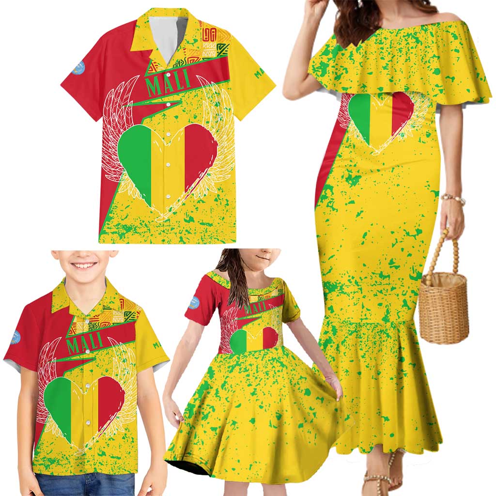 Mali Map Family Matching Mermaid Dress and Hawaiian Shirt Heart-Inspired Design with National Flag Colors