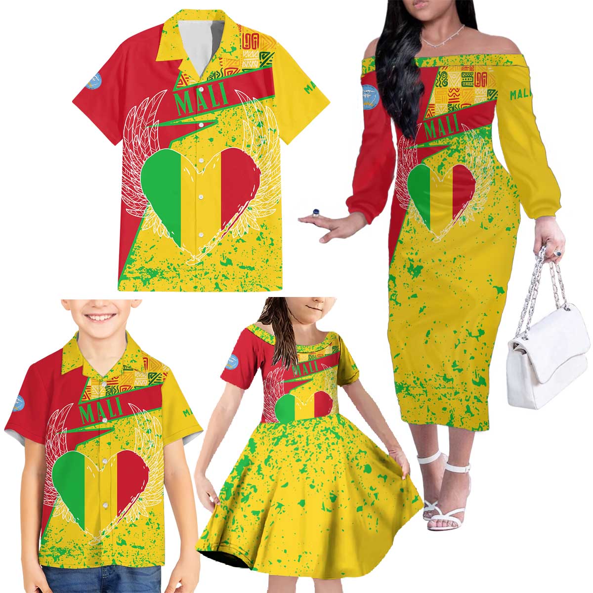 Mali Map Family Matching Off The Shoulder Long Sleeve Dress and Hawaiian Shirt Heart-Inspired Design with National Flag Colors