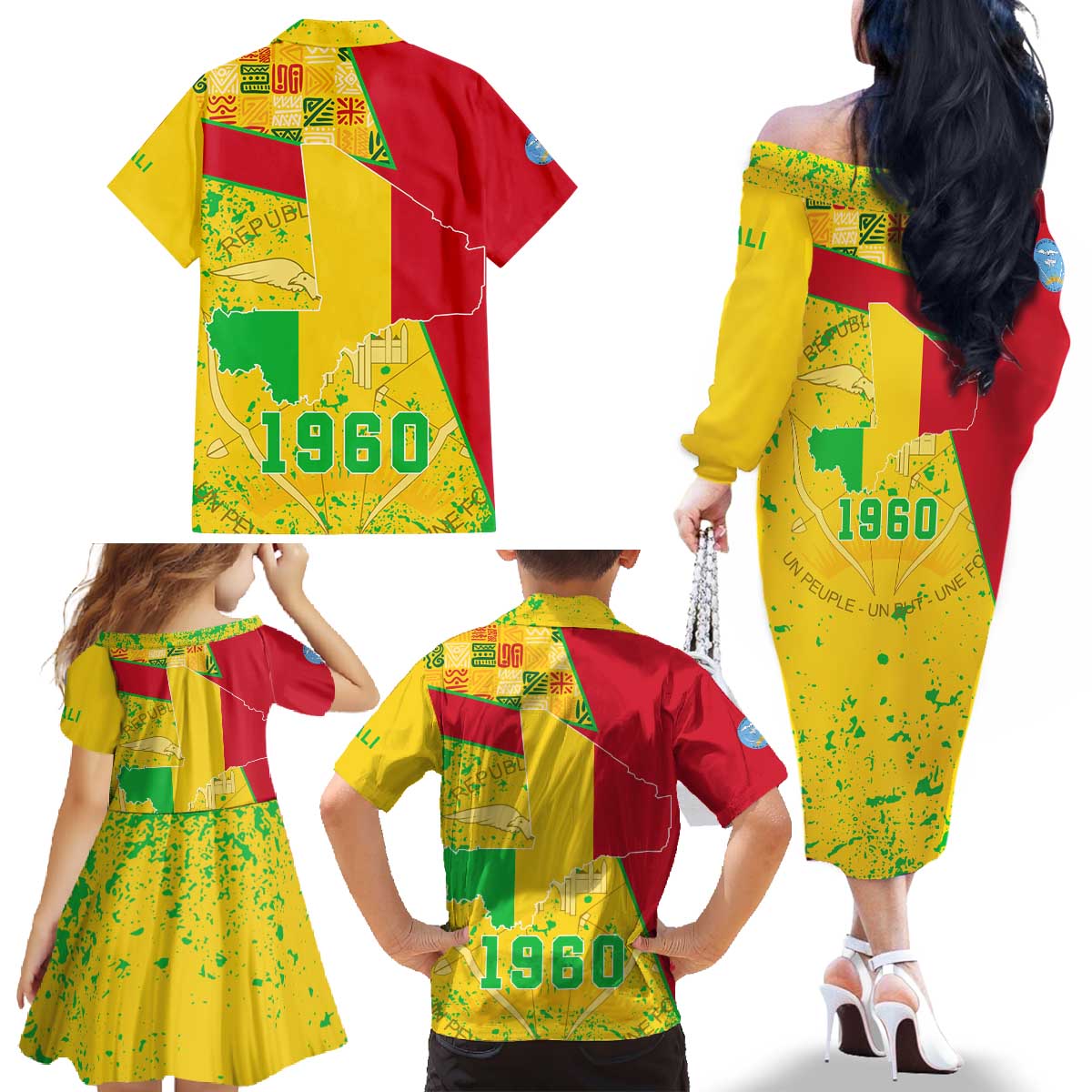 Mali Map Family Matching Off The Shoulder Long Sleeve Dress and Hawaiian Shirt Heart-Inspired Design with National Flag Colors