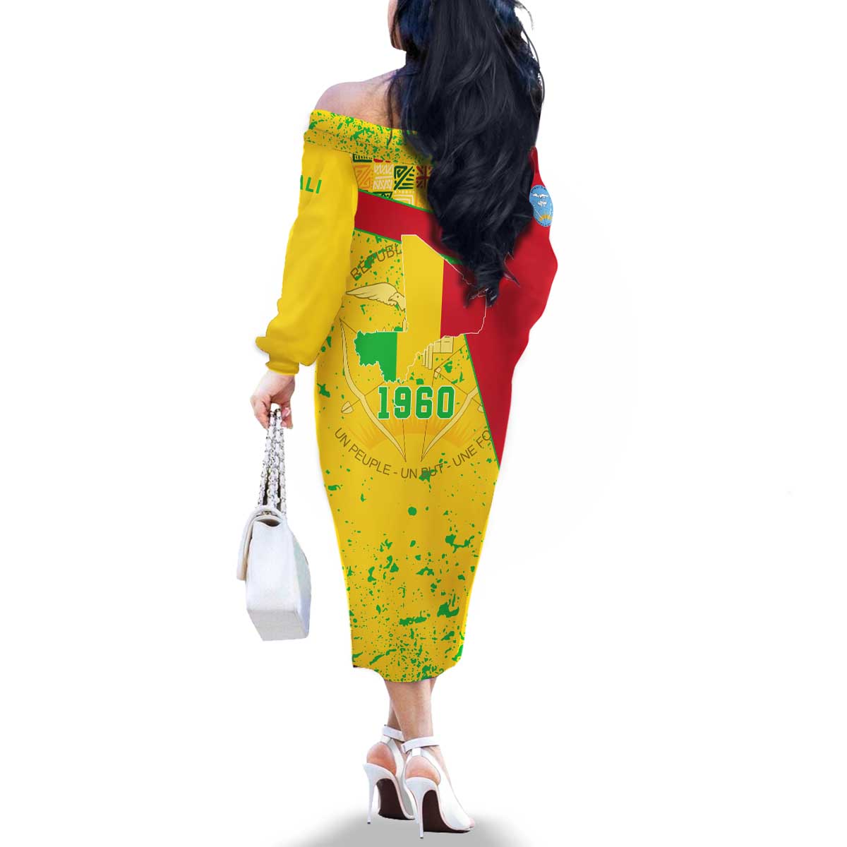 Mali Map Family Matching Off The Shoulder Long Sleeve Dress and Hawaiian Shirt Heart-Inspired Design with National Flag Colors