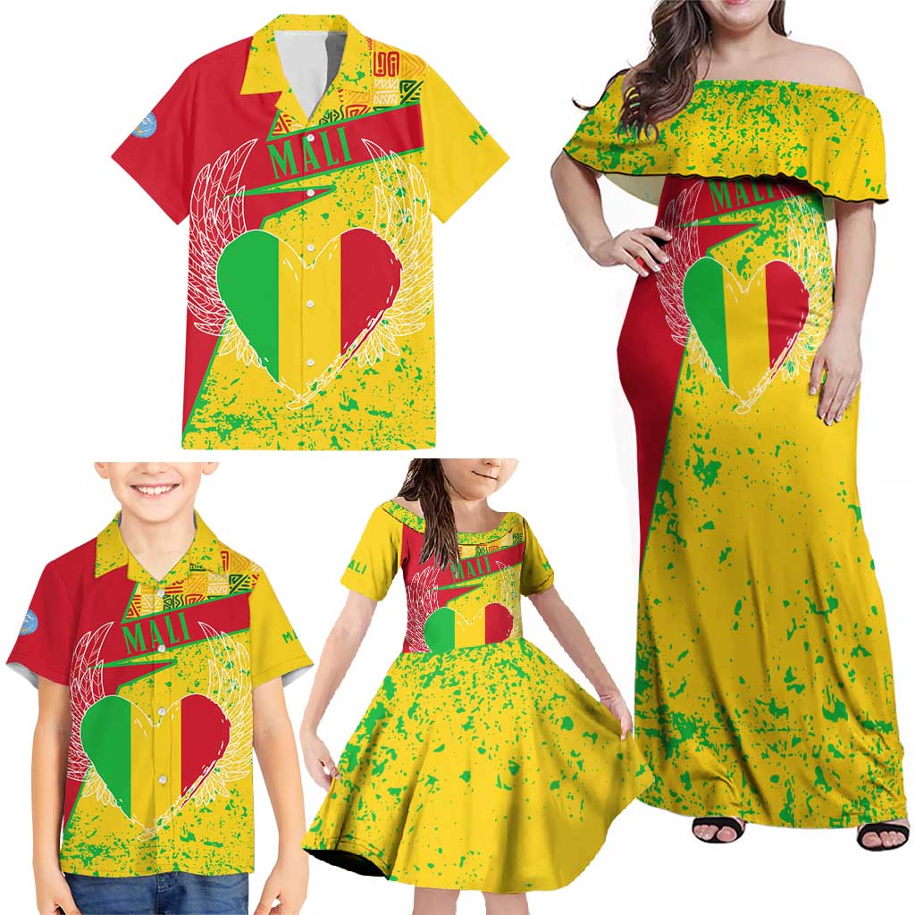 Mali Map Family Matching Off Shoulder Maxi Dress and Hawaiian Shirt Heart-Inspired Design with National Flag Colors