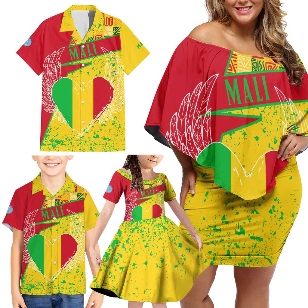 Mali Map Family Matching Off Shoulder Short Dress and Hawaiian Shirt Heart-Inspired Design with National Flag Colors
