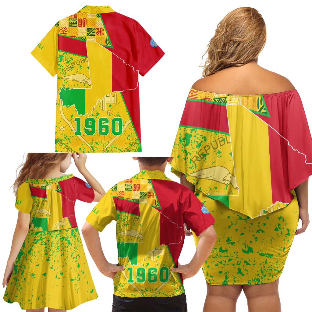 Mali Map Family Matching Off Shoulder Short Dress and Hawaiian Shirt Heart-Inspired Design with National Flag Colors