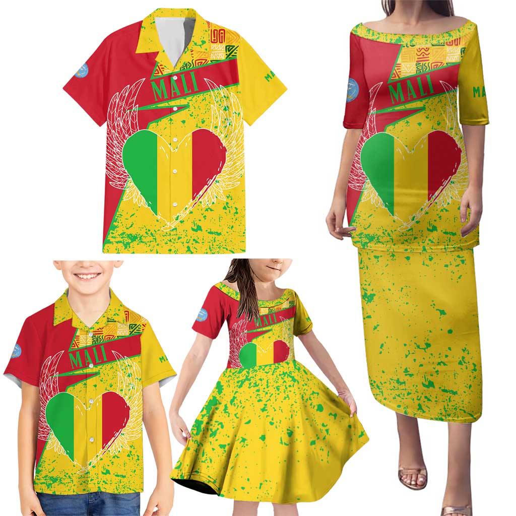Mali Map Family Matching Puletasi and Hawaiian Shirt Heart-Inspired Design with National Flag Colors