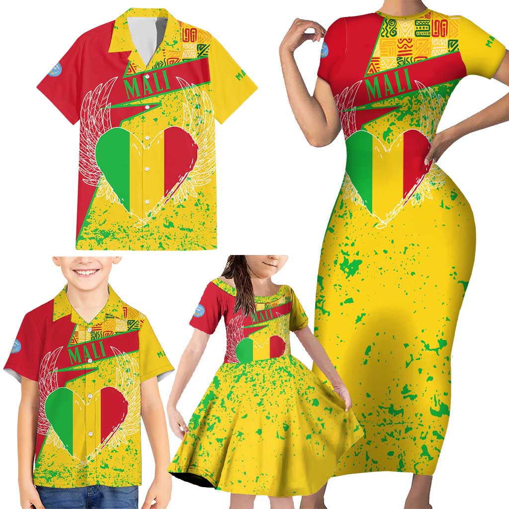 Mali Map Family Matching Short Sleeve Bodycon Dress and Hawaiian Shirt Heart-Inspired Design with National Flag Colors