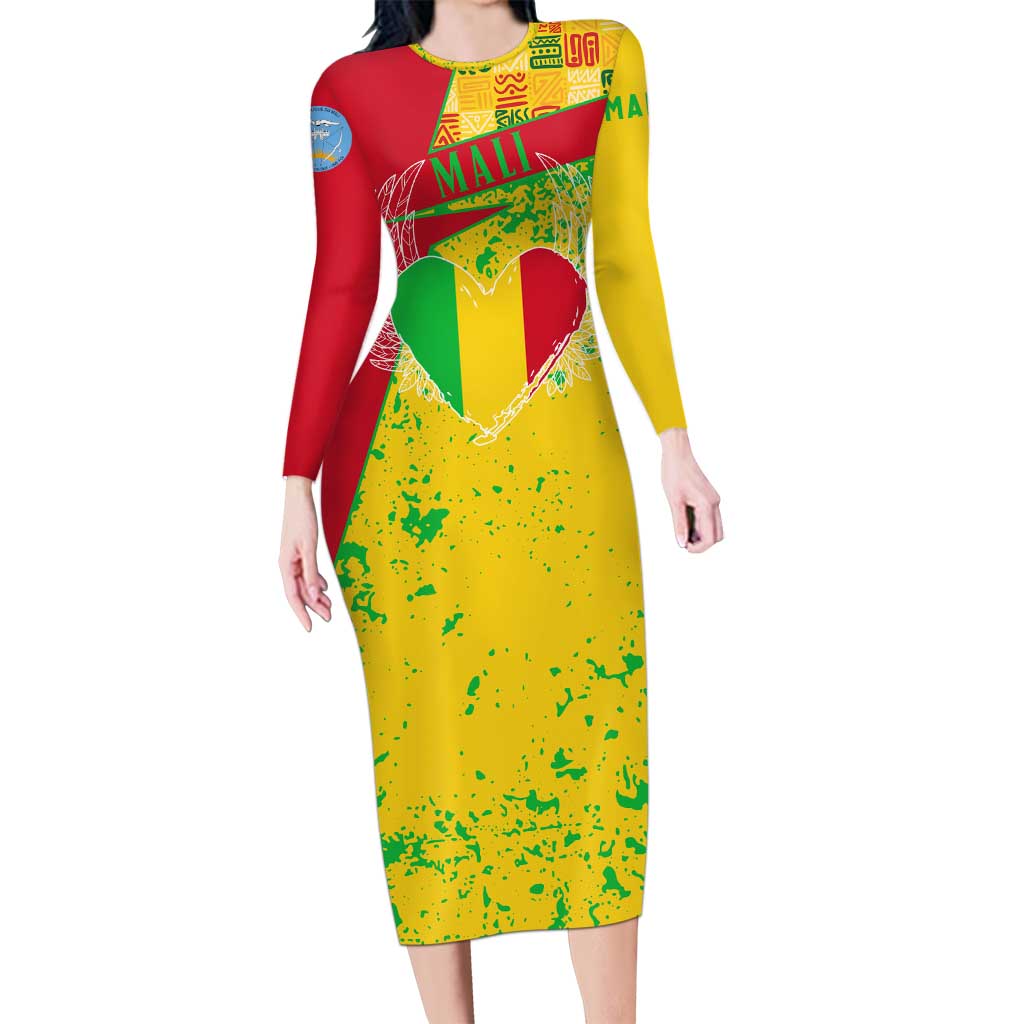 Mali Map Long Sleeve Bodycon Dress Heart-Inspired Design with National Flag Colors