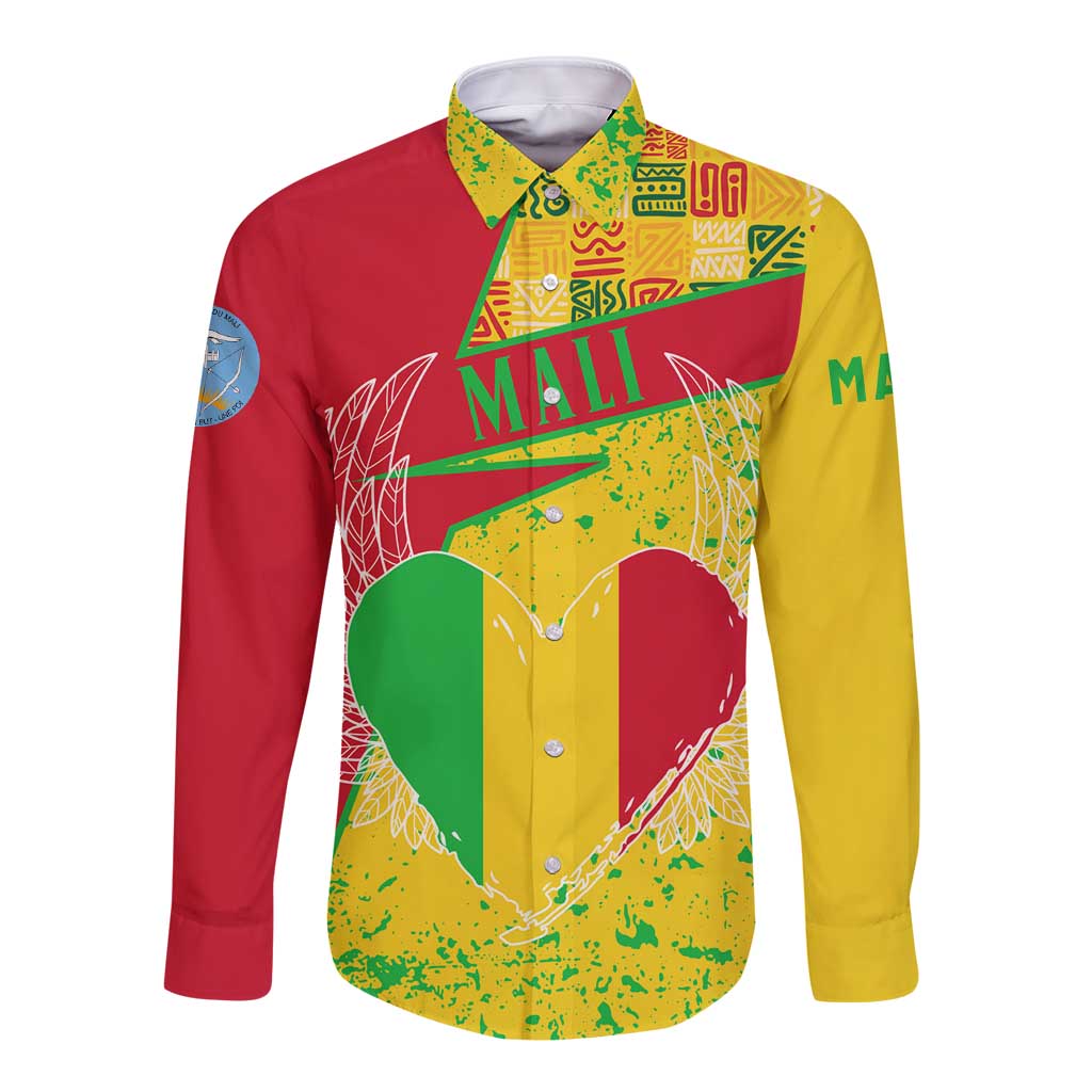 Mali Map Long Sleeve Button Shirt Heart-Inspired Design with National Flag Colors