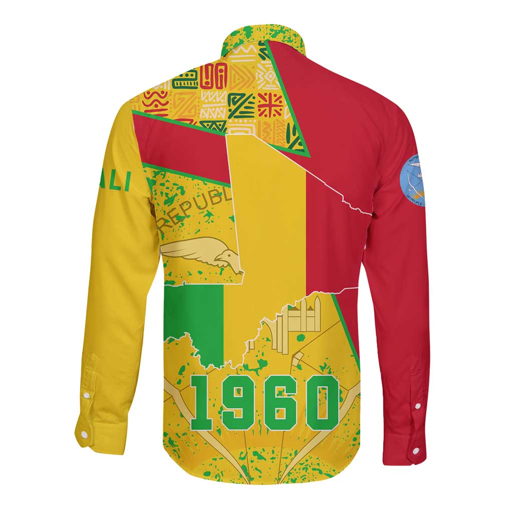 Mali Map Long Sleeve Button Shirt Heart-Inspired Design with National Flag Colors