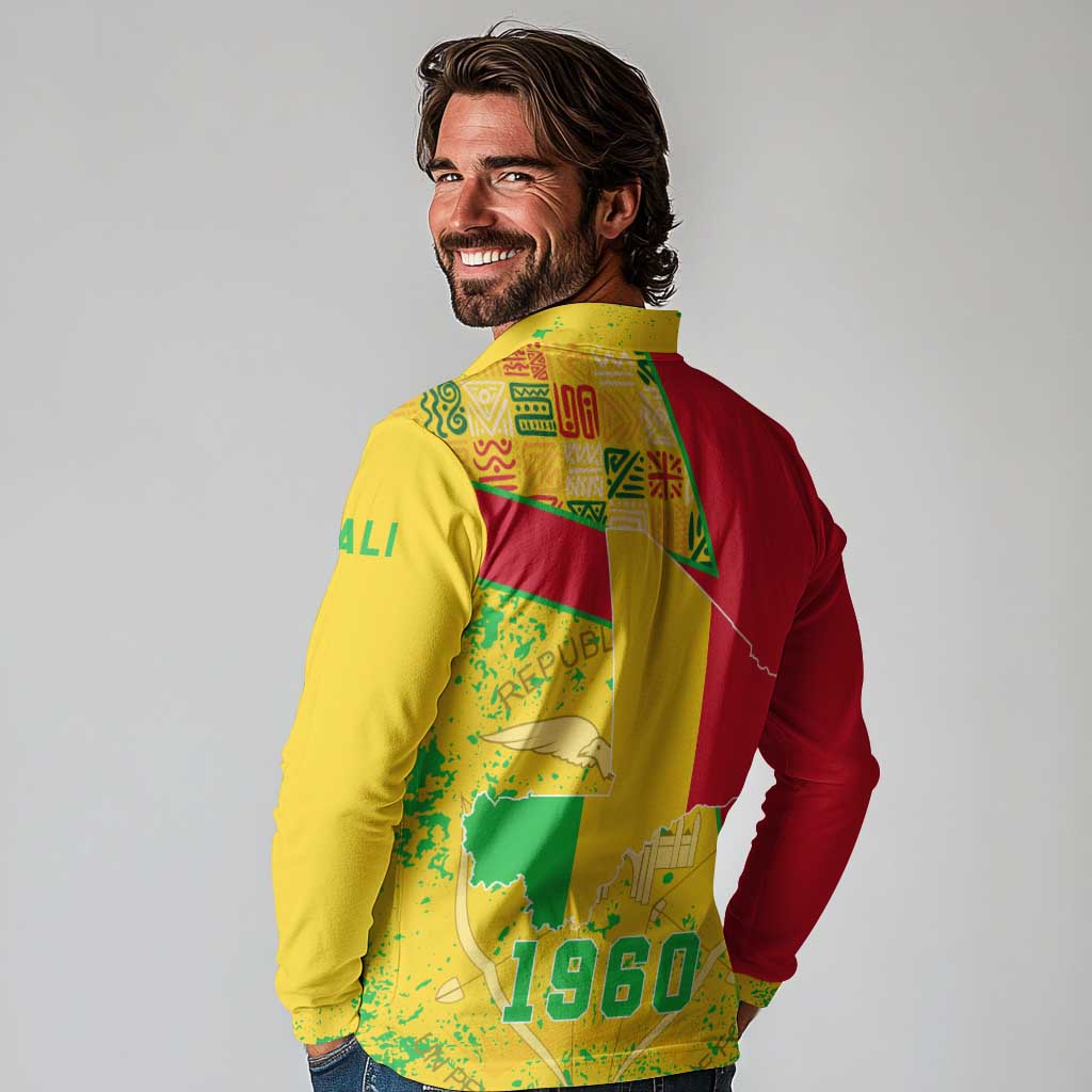 Mali Map Long Sleeve Polo Shirt Heart-Inspired Design with National Flag Colors