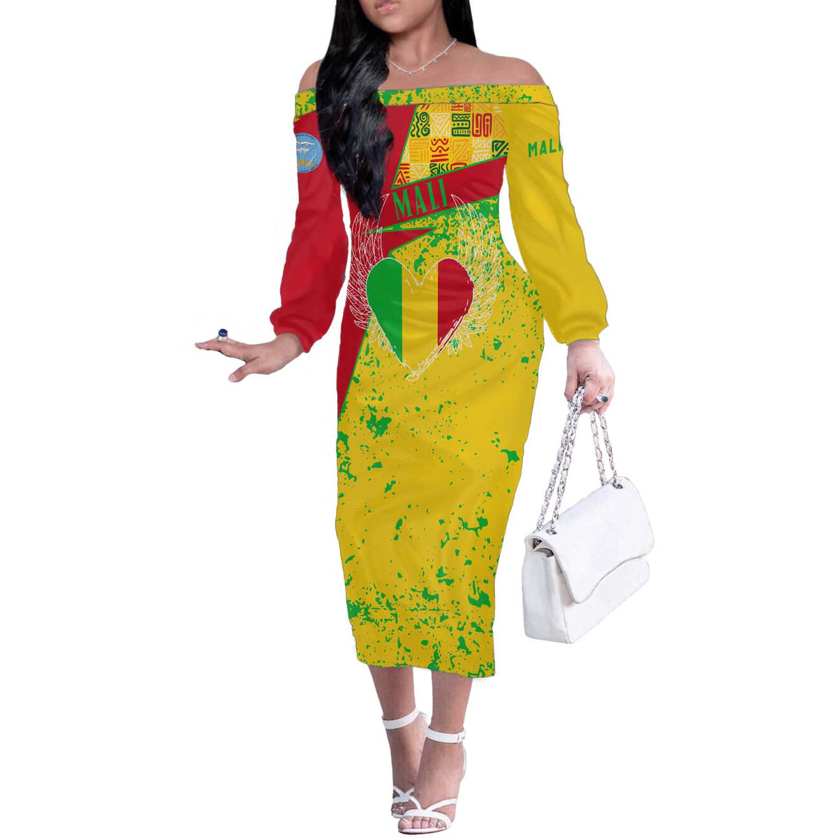 Mali Map Off The Shoulder Long Sleeve Dress Heart-Inspired Design with National Flag Colors