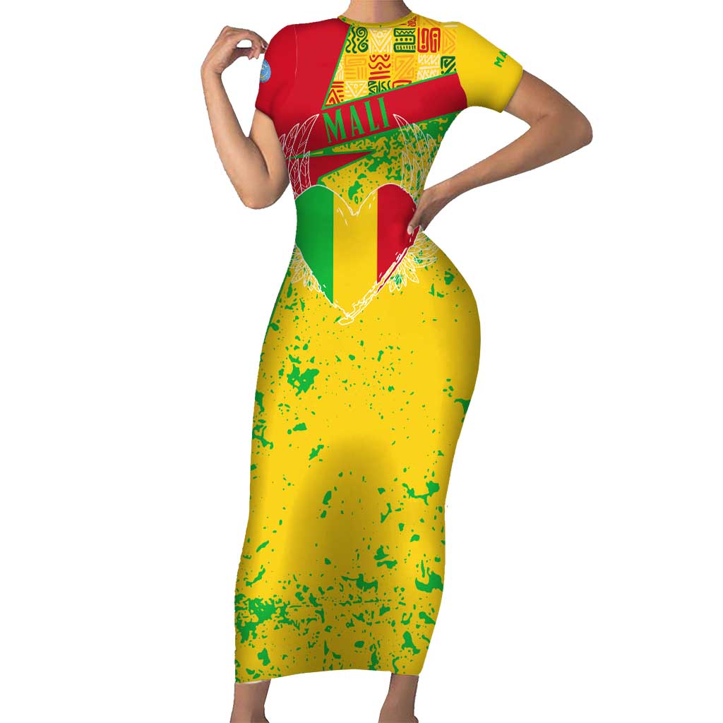 Mali Map Short Sleeve Bodycon Dress Heart-Inspired Design with National Flag Colors