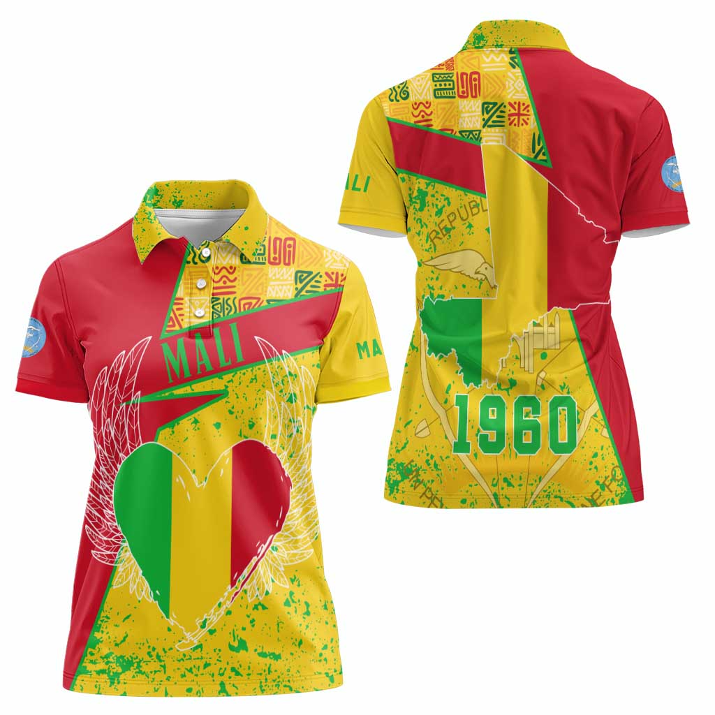 Mali Map Women Polo Shirt Heart-Inspired Design with National Flag Colors