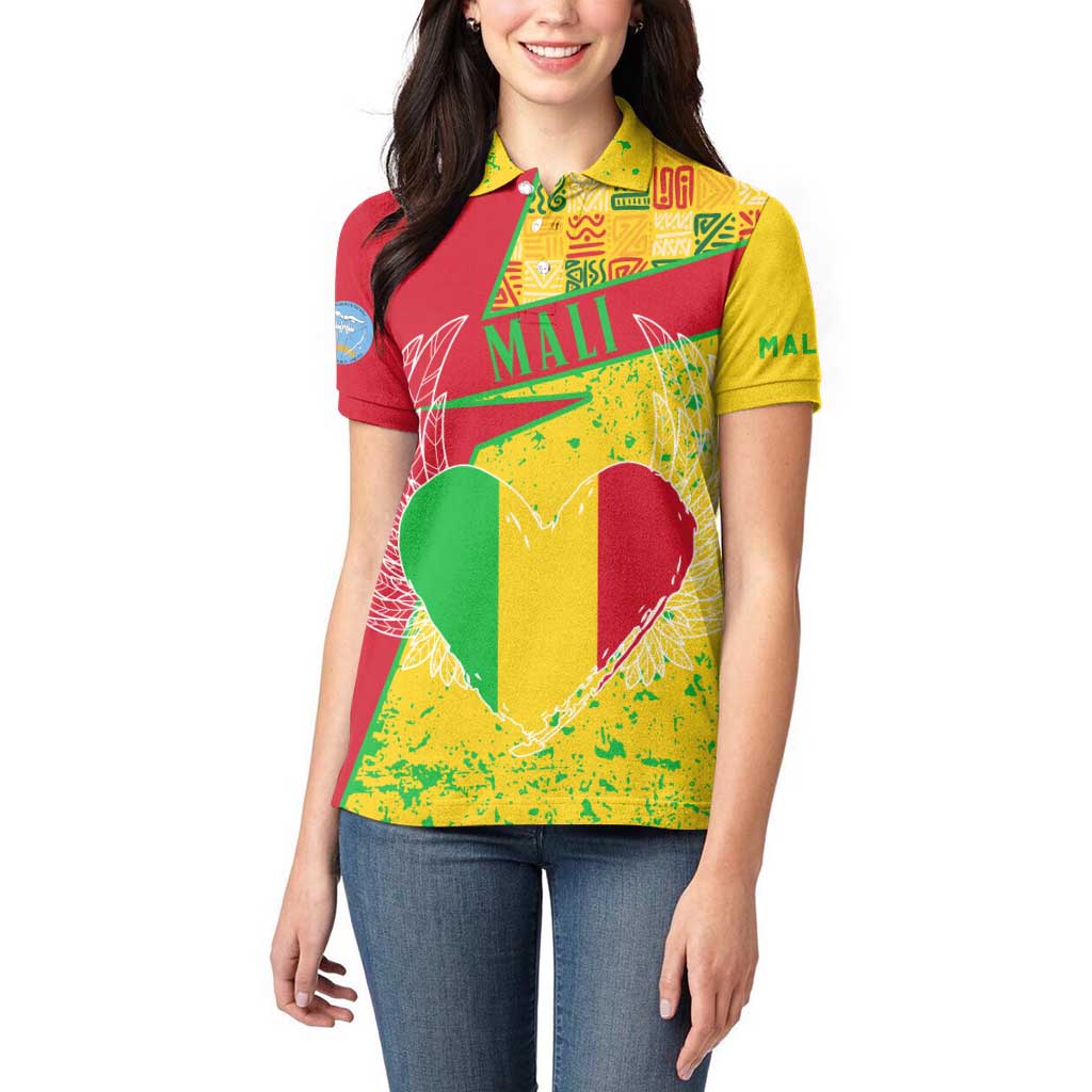 Mali Map Women Polo Shirt Heart-Inspired Design with National Flag Colors