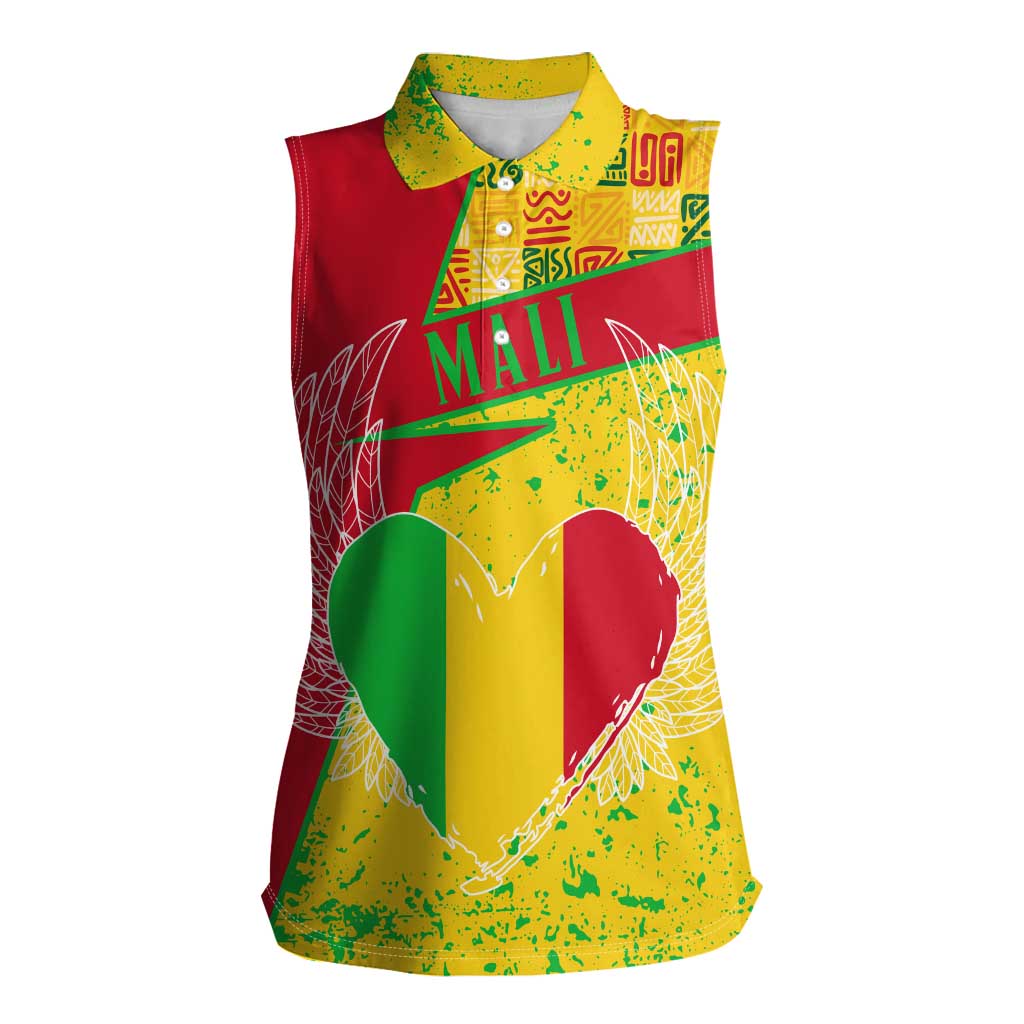 Mali Map Women Sleeveless Polo Shirt Heart-Inspired Design with National Flag Colors