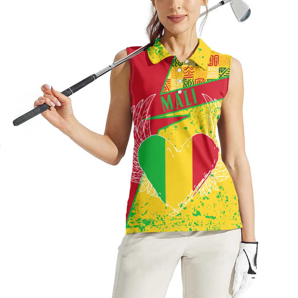 Mali Map Women Sleeveless Polo Shirt Heart-Inspired Design with National Flag Colors