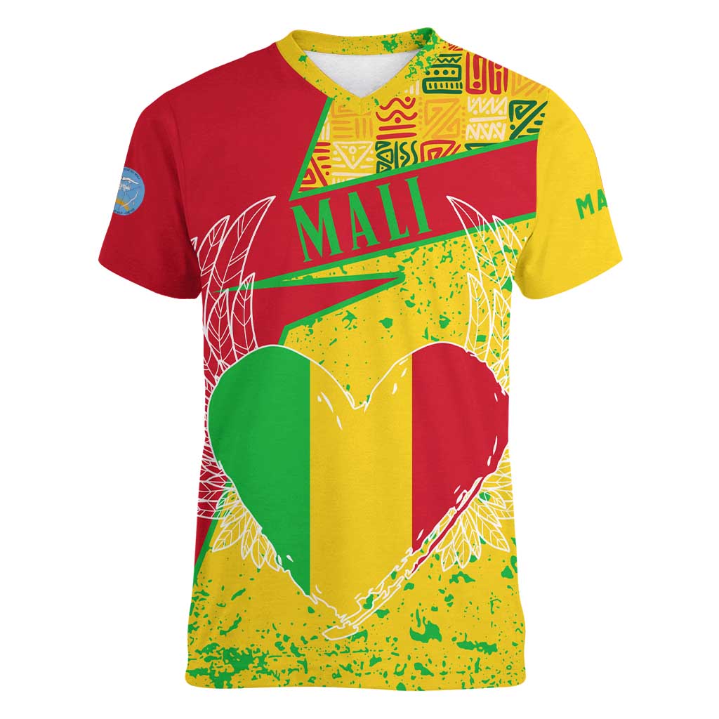 Mali Map Women V-Neck T-Shirt Heart-Inspired Design with National Flag Colors