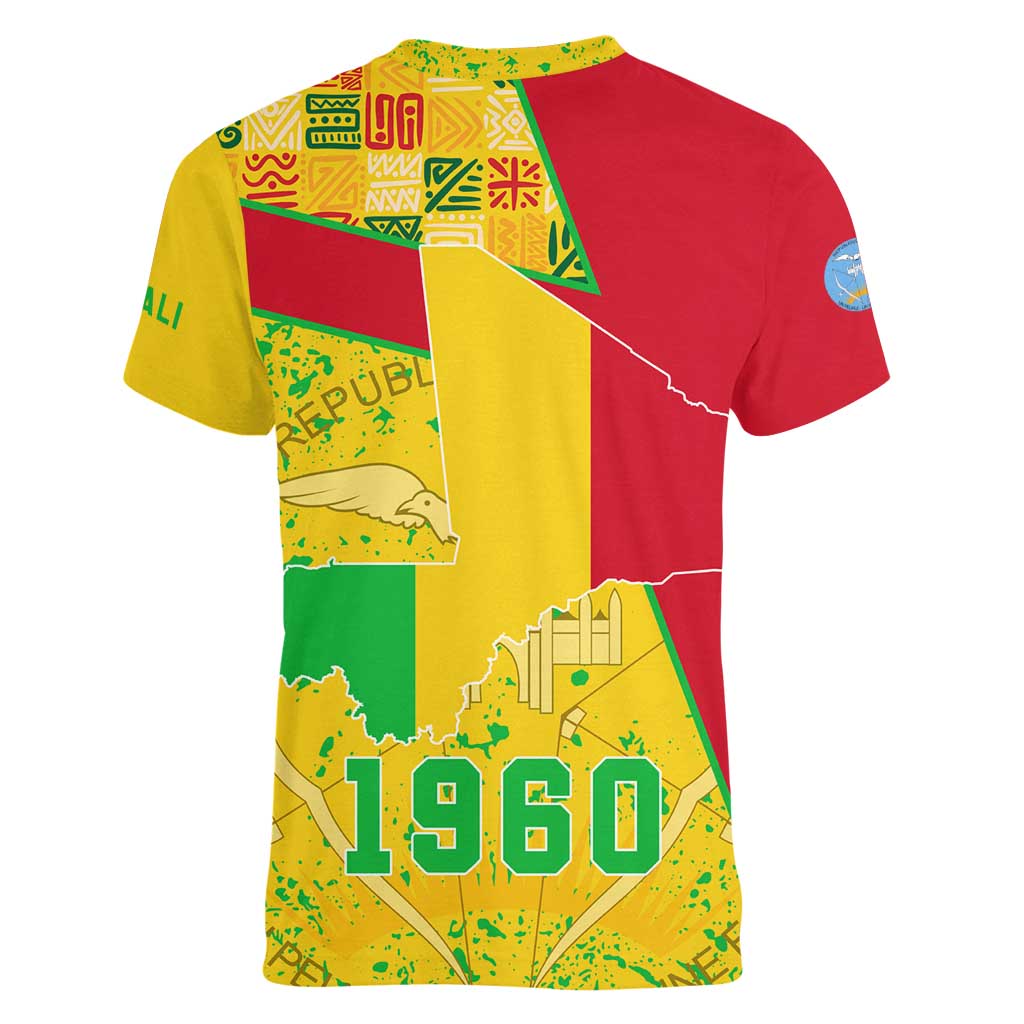 Mali Map Women V-Neck T-Shirt Heart-Inspired Design with National Flag Colors