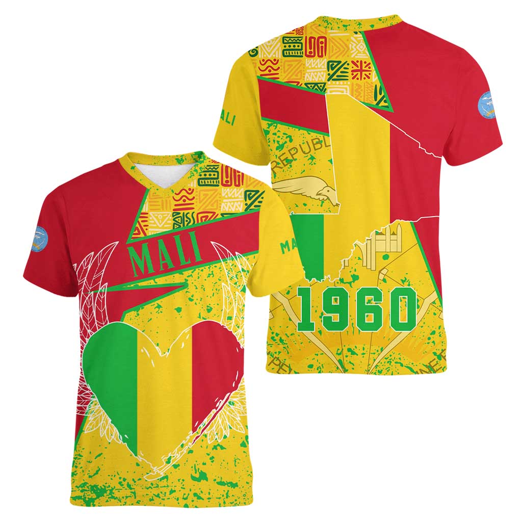 Mali Map Women V-Neck T-Shirt Heart-Inspired Design with National Flag Colors