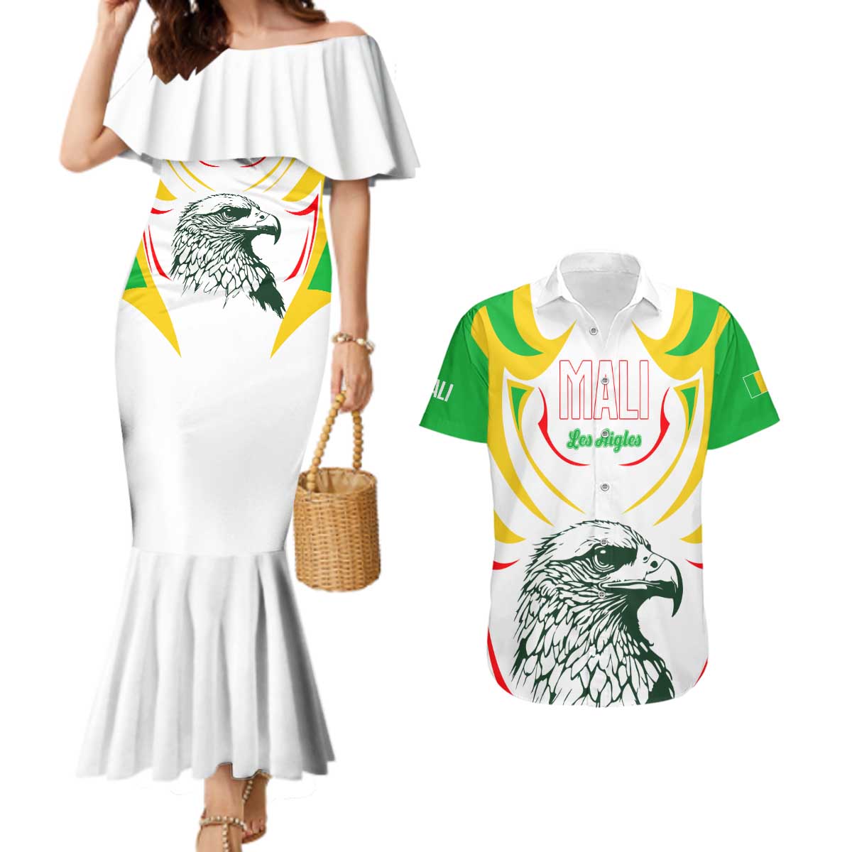 Mali Vulture Couples Matching Mermaid Dress and Hawaiian Shirt Sporty Style with National Flag Colors